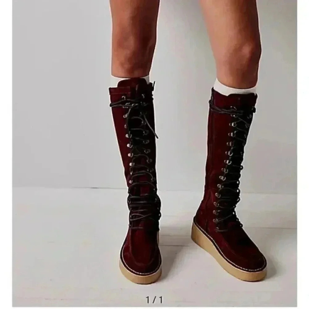Free People New  Ava Tall Lace Up zip Boots In Mahogany